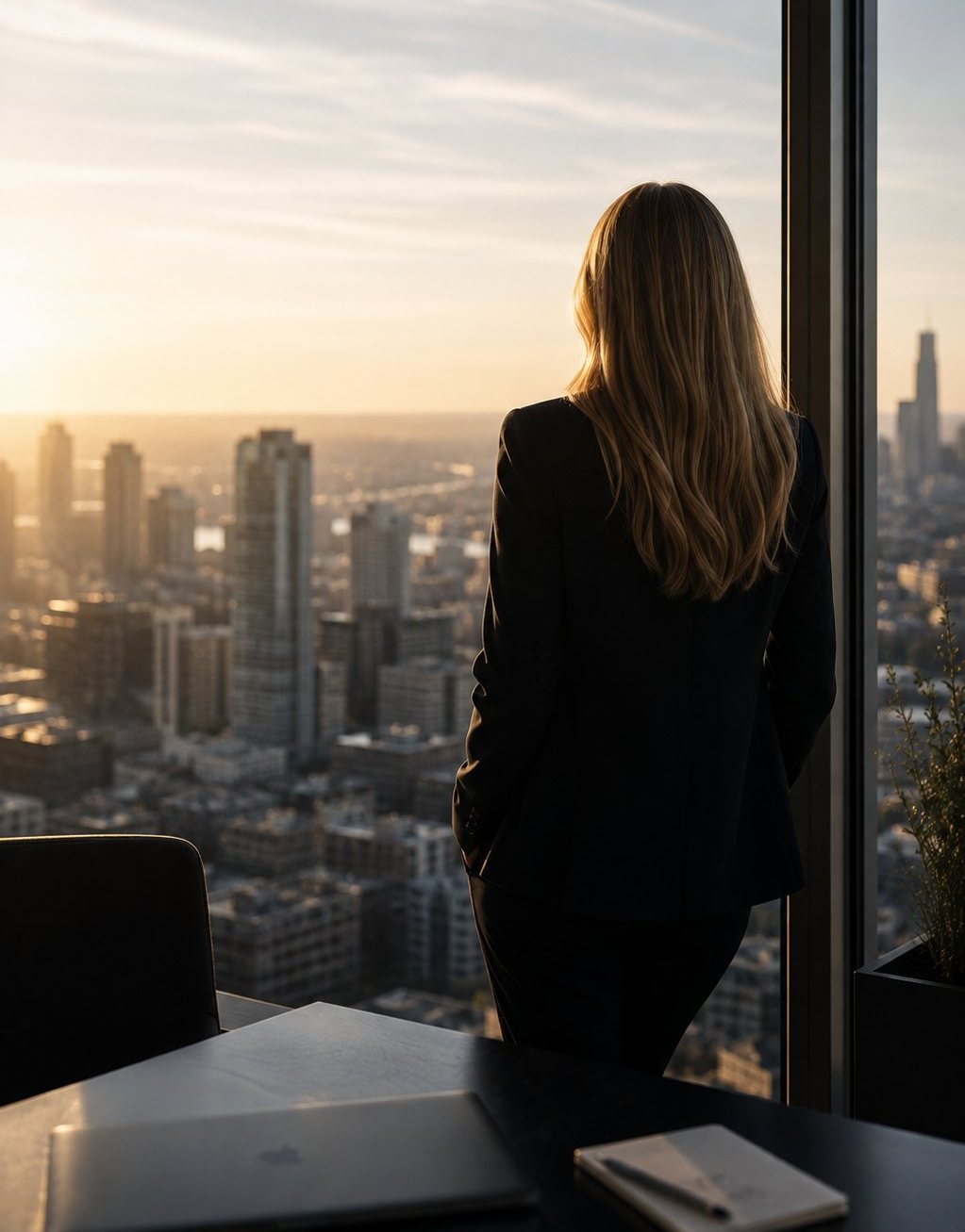 Irene Flaming blickt aus einem Hochhausbüro über die Stadt bei Sonnenuntergang